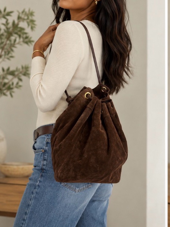 Brizzolari Leather Suede Dark Brown Drawstring Bucket Style Slingback .
